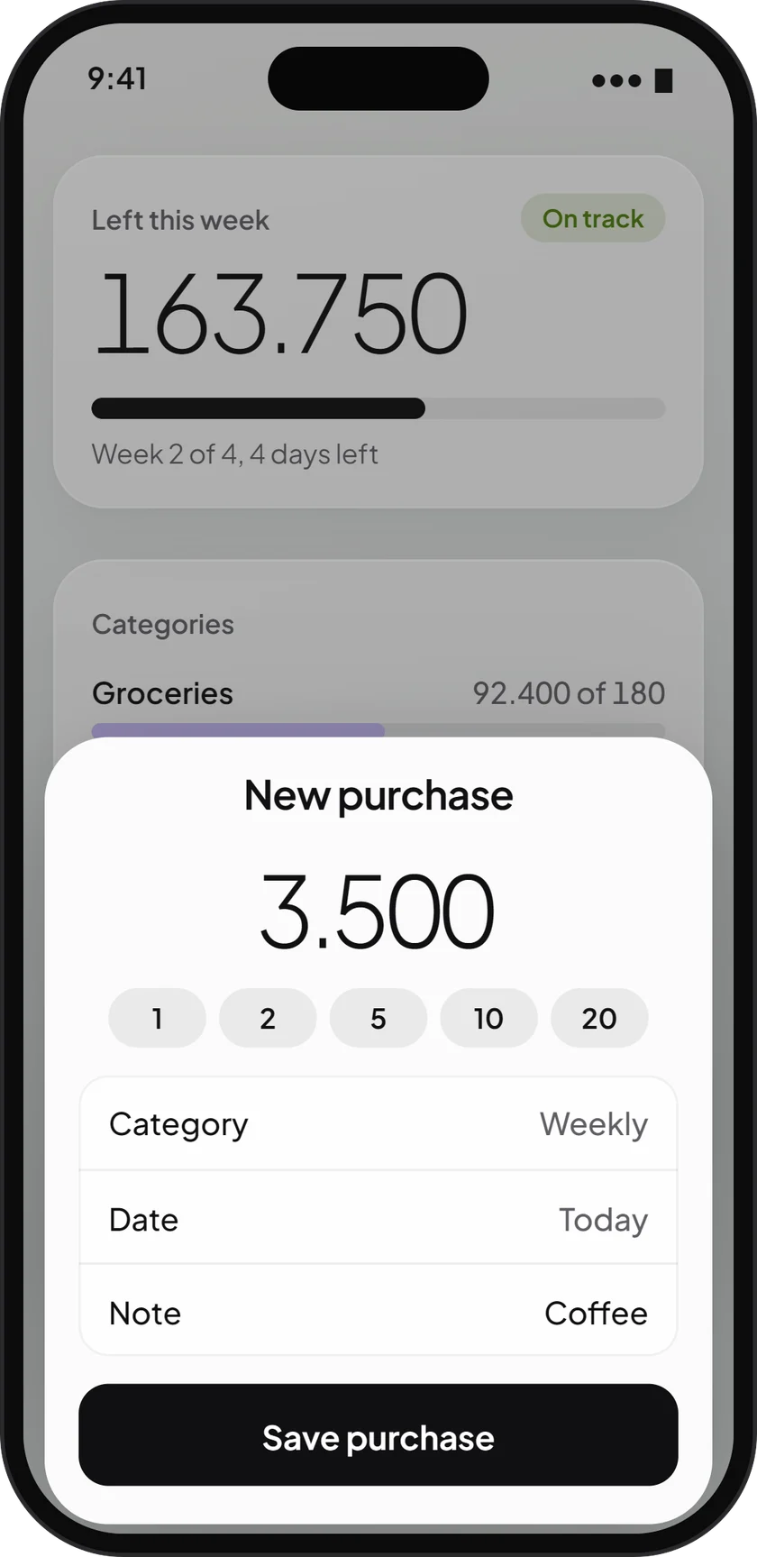 The new purchase sheet: 3.500 for coffee, with quick amounts of 1, 2, 5, 10 and 20