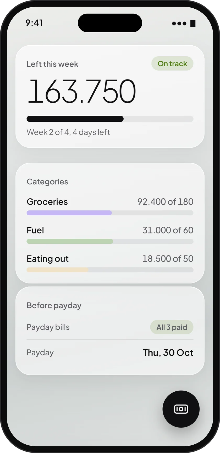Shiling home screen: 163.750 left this week, on track, with groceries, fuel and eating out below